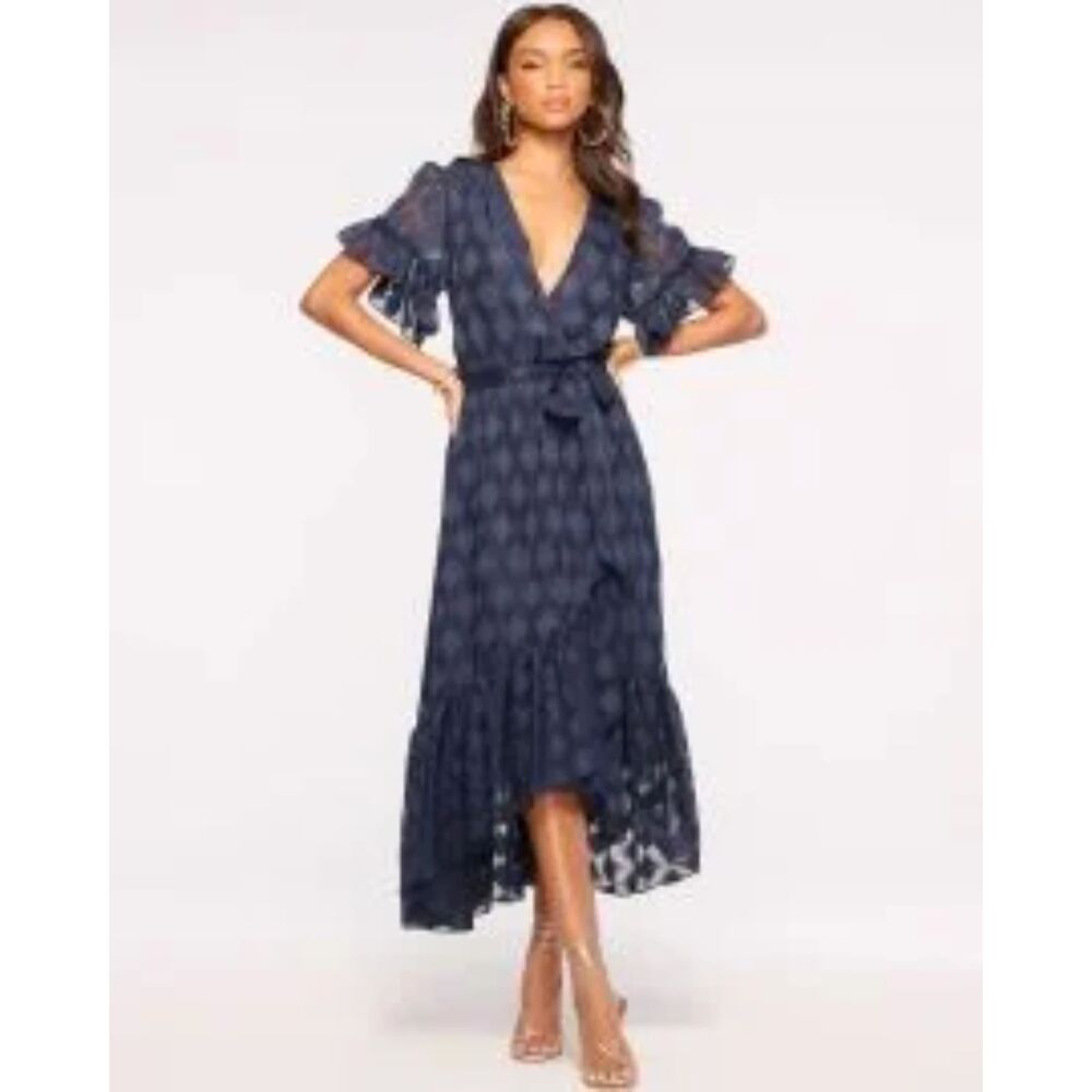 Ramy Brook Asya Dress Size Small Navy Wrap Style Wedding Guest Semi formal Blue